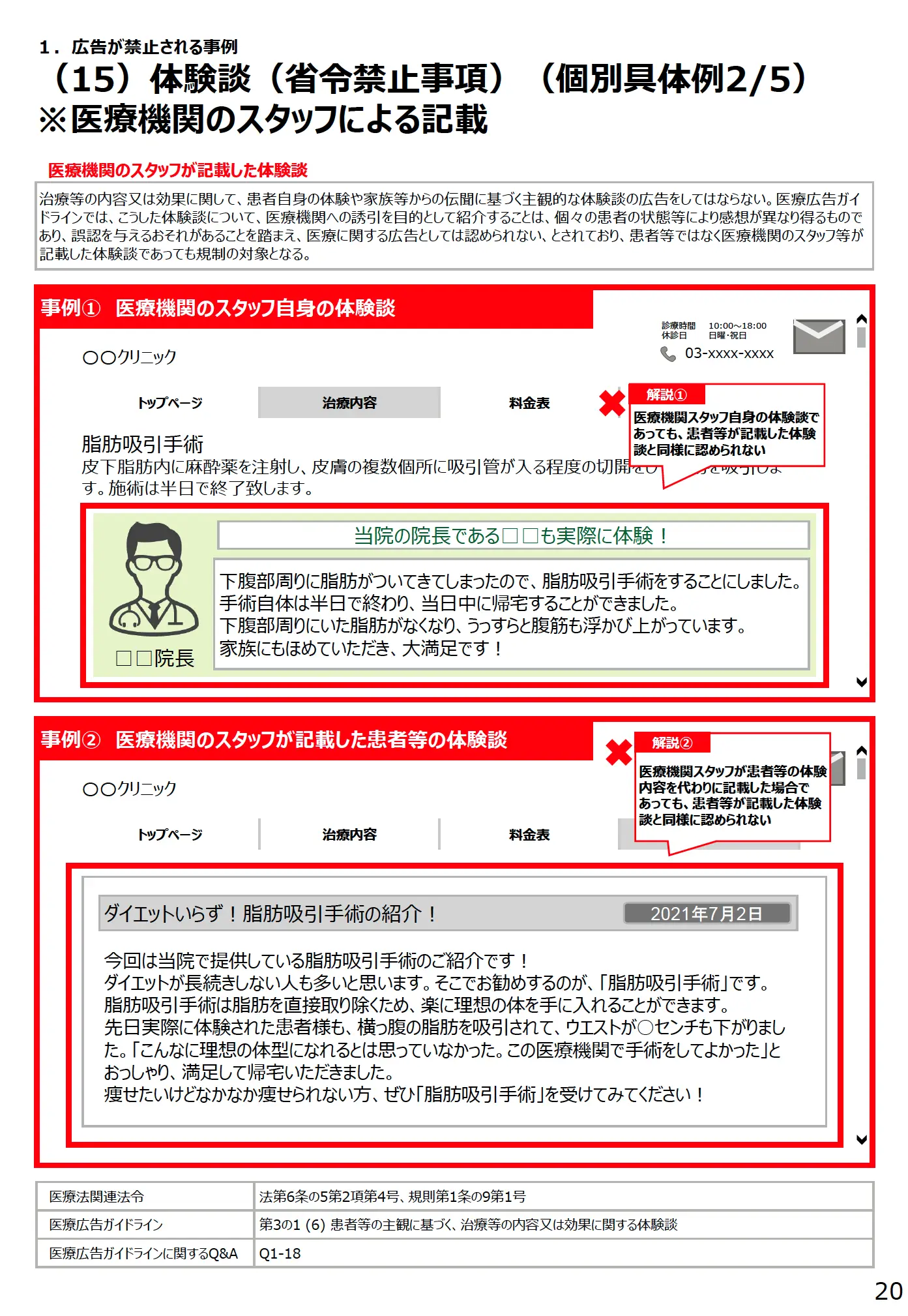 (15)体験談(省令禁止事項)(個別具体例 2/5)※医療機関のスタッフによる記載 - 医療広告規制におけるウェブサイトの事例解説書(第3版)