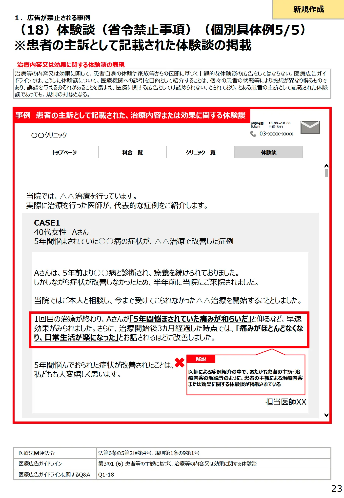 (18)体験談 (省令禁止事項)(個別具体例 5/5)患者の主訴として記載された体験談の掲載 - 医療広告規制におけるウェブサイトの事例解説書(第3版)