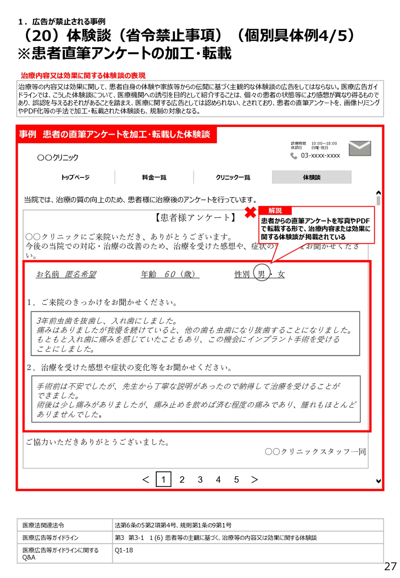 （20）体験談（省令禁止事項）（個別具体例4/5）※患者直筆アンケートの加工・転載 - 医療広告規制におけるウェブサイト等の事例解説書（第６版）